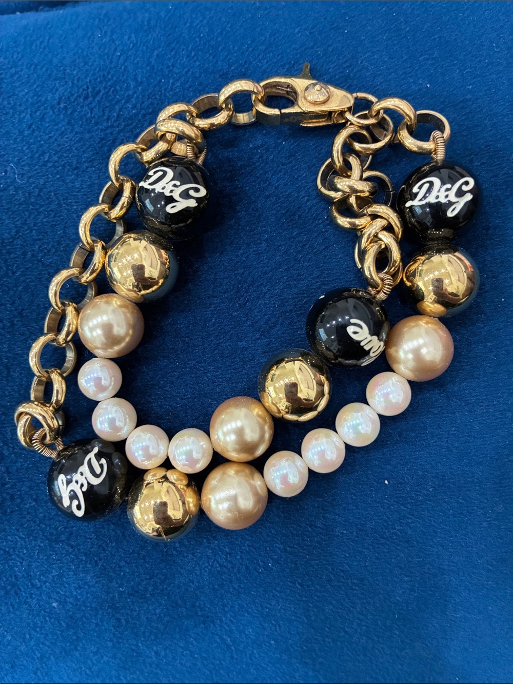 Dolce & Gabbana Gold, Black and Pearl Logo Bead Bracelet